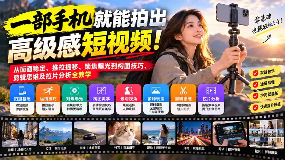 一部手机就能拍出高级感短视频!从画面稳定、推拉摇移、锁焦曝光到构图技巧、剪辑思维及拉片分析全教学-小行网创