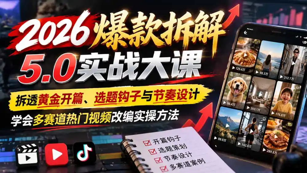 2026爆款拆解5.0实战大课：拆透黄金开篇、选题钩子与节奏设计，学会多赛道热门视频改编实操方法-小行网创