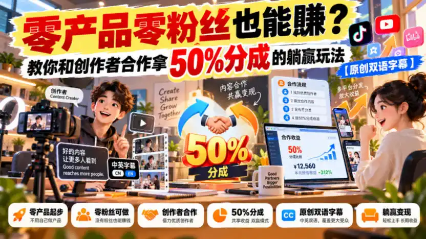 【无水印】零产品零粉丝也能賺？教你和创作者合作拿50%分成的躺赢玩法【原创双语字幕】-小行网创
