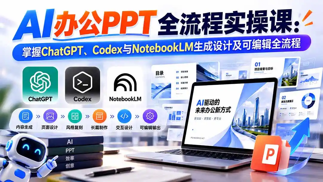 【无水印】AI办公PPT全流程实操课： 掌握ChatGPT、Codex与NotebookLM生成设计及可编辑全流程-小行网创