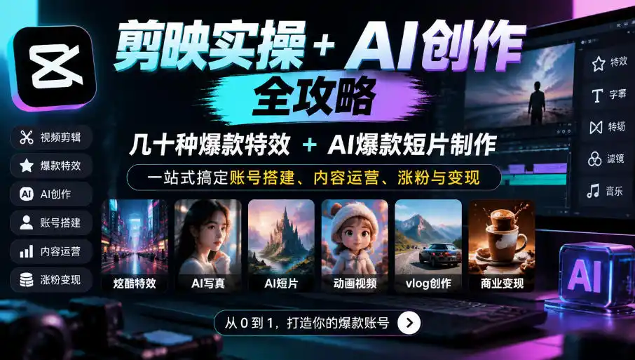 剪映实操+AI创作全攻略|几十种爆款特效+AI爆款短片制作,一站式搞定账号搭建、内容运营、涨粉与变现-小行网创