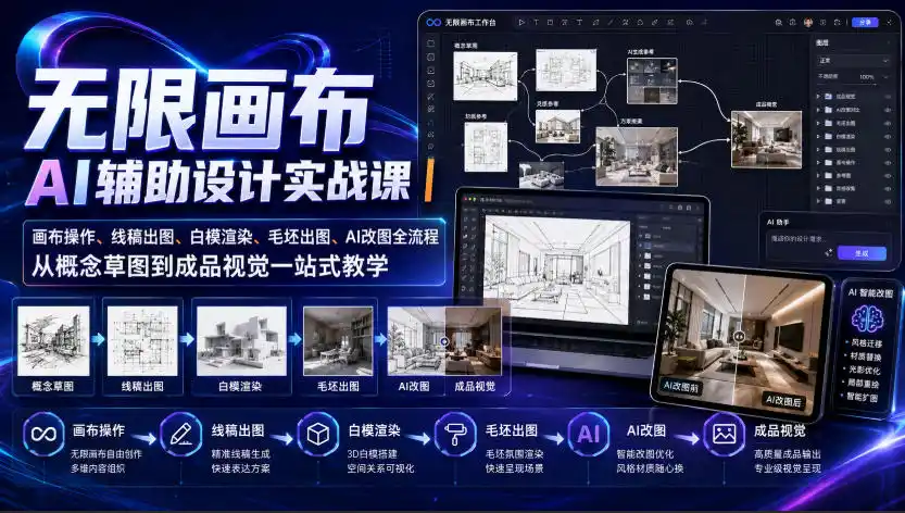 无限画布AI辅助设计实战课|画布操作、线稿出图、白模渲染、毛坯出图、AI改图全流程,从概念草图到成品视觉一站式教学-小行网创