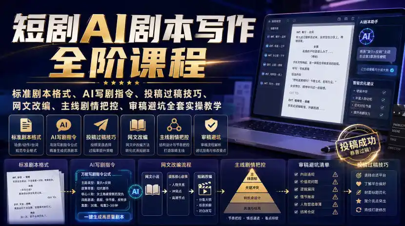 短剧AI剧本写作全阶课程|标准剧本格式、AI写剧指令、投稿过稿技巧、网文改编、主线剧情把控、审稿避坑全套实操教学-小行网创