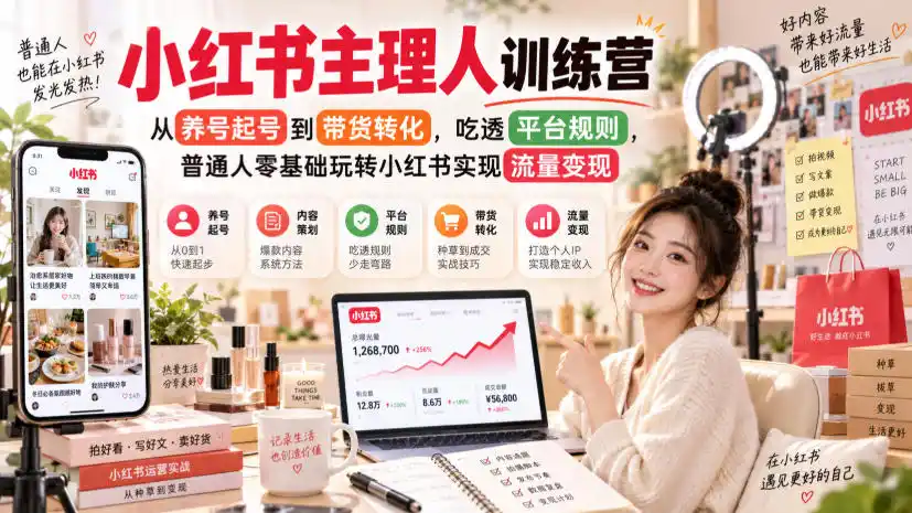 小红书主理人训练营，从养号起号到带货转化，吃透平台规则，普通人零基础玩转小红书实现流量变现-小行网创