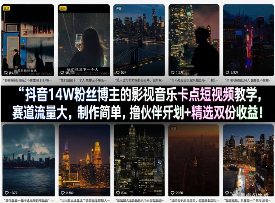 抖音14W粉丝博主的影视音乐卡点短视频教学，赛道流量大，制作简单，撸伙伴计划+精选双份收益！-小行网创