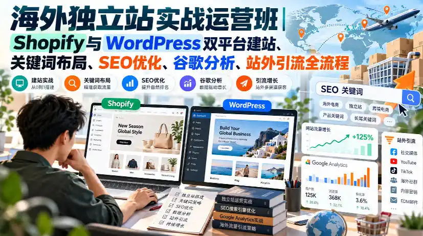 海外独立站实战运营班|Shopify与WordPress双平台建站、关键词布局、SEO优化、谷歌分析、站外引流全流程-小行网创
