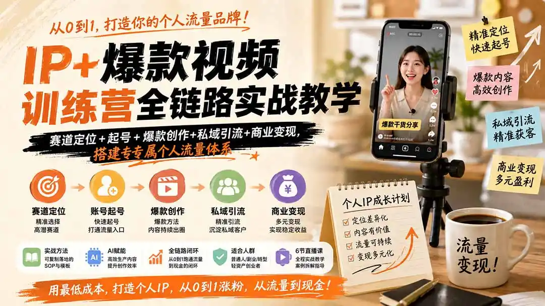 IP+爆款视频训练营全链路实战教学；赛道定位+起号+爆款创作+私域引流+商业变现，搭建专属个人流量体系-小行网创