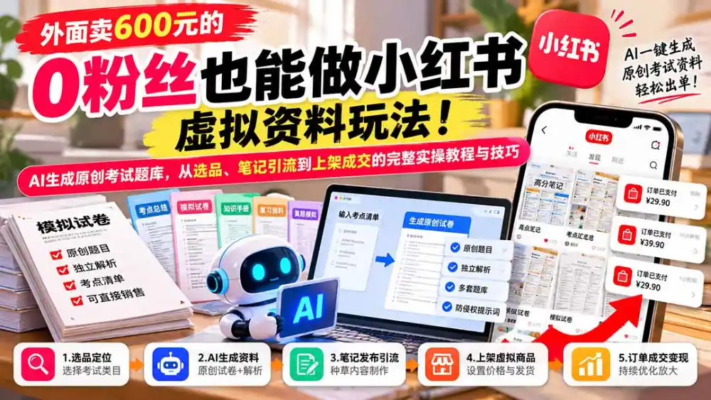外面卖600元的 零粉丝也能做小红书虚拟资料玩法！AI生成原创考试题库，从选品、笔记引流到上架成交的完整实操教程-小行网创
