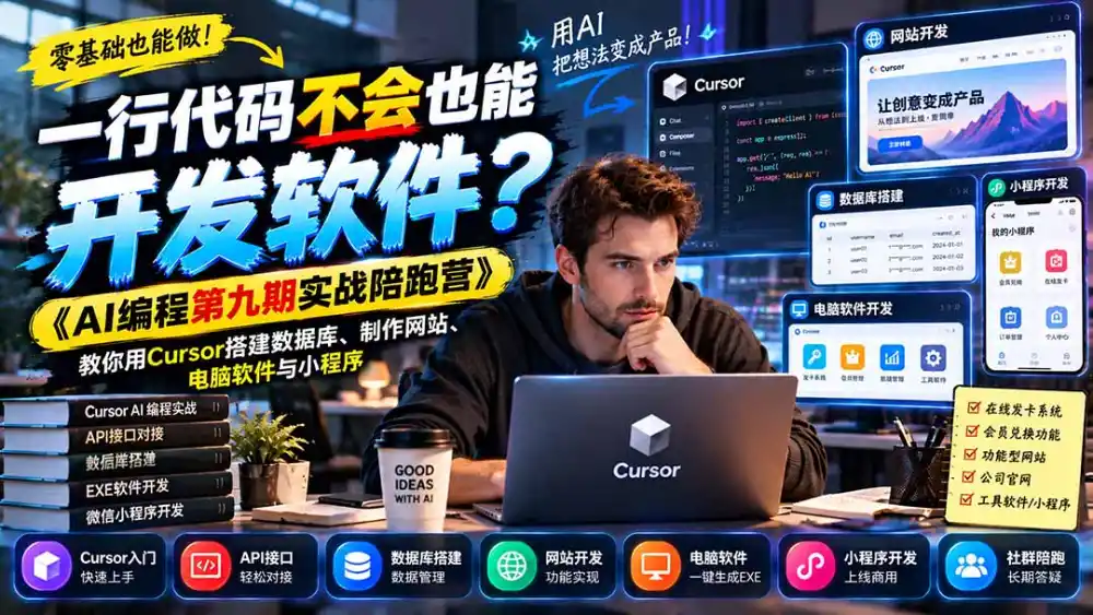 一行代码不会也能开发软件？《AI编程第九期实战陪跑营》教你用Cursor搭建数据库、制作网站、电脑软件与小程序-小行网创