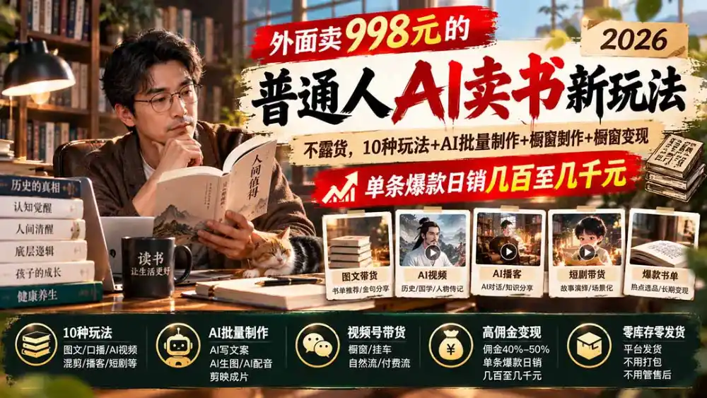 外面卖998元的2026普通人AI卖书新玩法：不露脸、不囤货，10种玩法+AI批量制作+橱窗变现，单条爆款日销几百至几千元-小行网创