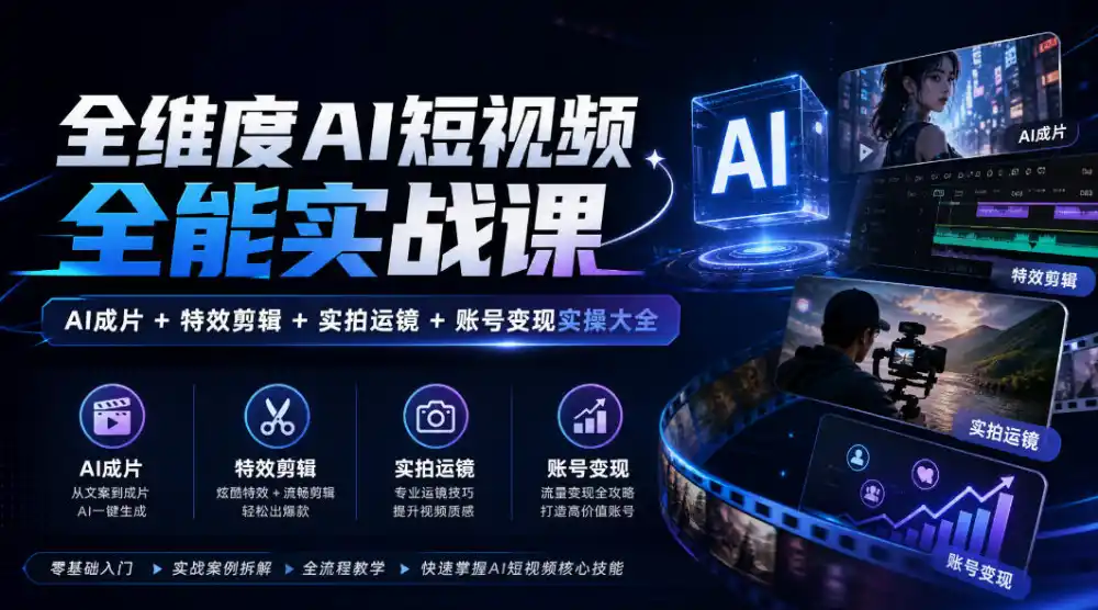 全维度AI短视频全能实战课,AI成片+特效剪辑+实拍运镜+账号变现实操大全-小行网创