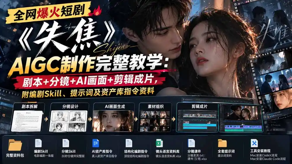 全网爆火短剧《失焦》AIGC制作完整教学：剧本+分镜+AI画面+剪辑成片，附编剧Skill、提示词及资产库指令资料-小行网创