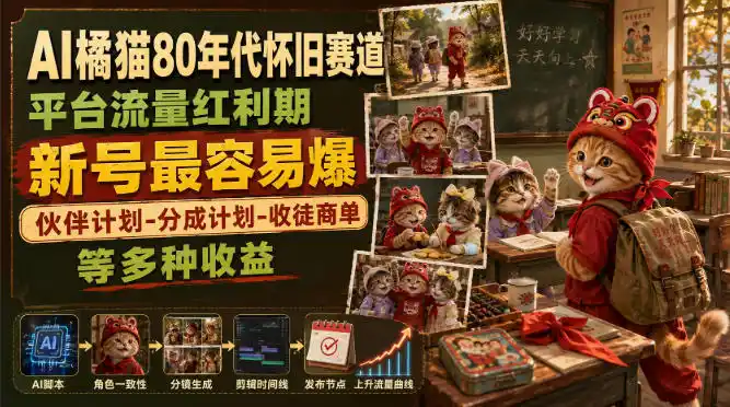 AI橘猫80年代怀旧赛道,平台流量红利期,新号最容易爆,伙伴计划-分成计划-收徒商单等多种收益-小行网创