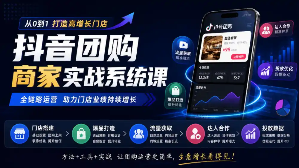 抖音团购商家实战系统课｜门店搭建、爆品打造、流量获取、达人合作、投放数据全链路运营-小行网创