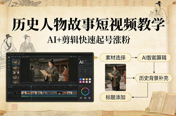 历史人物故事短视频教学，AI+剪辑制作历史人物题材短视频，快速起号涨粉-小行网创