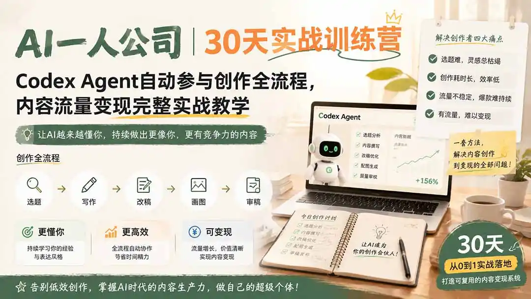AI一人公司|30天实战训练营;Codex Agent自动参与创作全流程,内容流量变现完整实战教学-小行网创