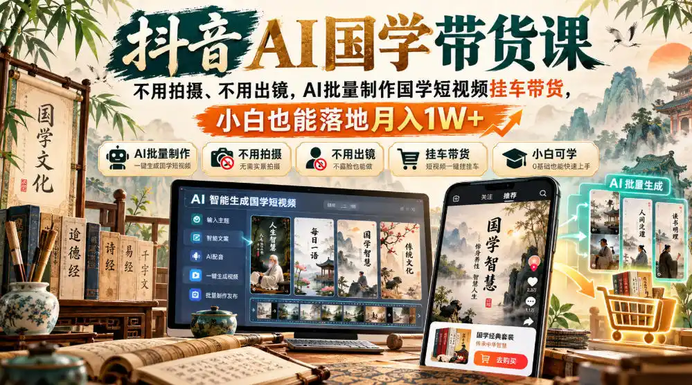 抖音AI国学带货课,不用拍摄、不用出镜,AI批量制作国学短视频挂车带货,小白也能落地月入1W+-小行网创