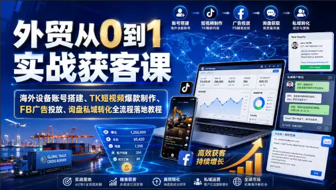 外贸从0到1实战获客课｜海外设备账号搭建、TK短视频爆款制作、FB广告投放、询盘私域转化全流程落地教程-小行网创