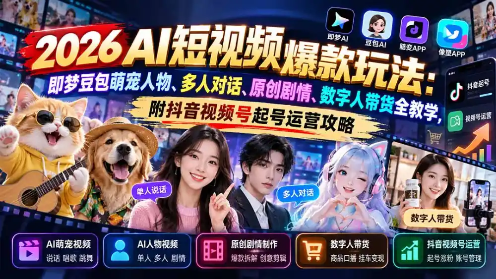 2026AI短视频爆款玩法：即梦豆包萌宠人物、多人对话、原创剧情、数字人带货全教学，附抖音视频号起号运营攻略-小行网创
