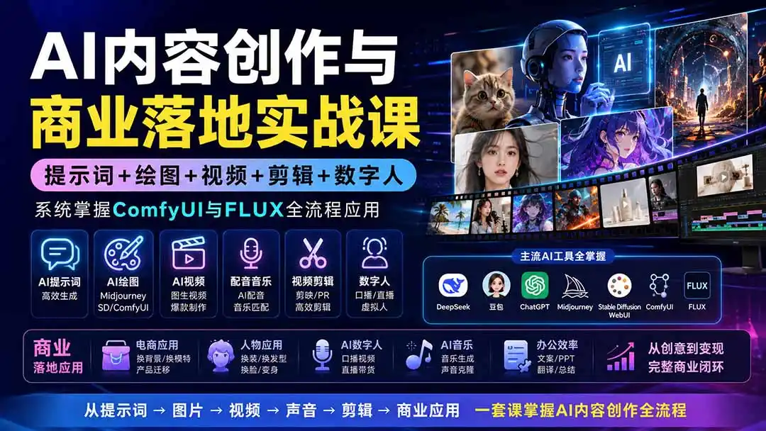 AI内容创作与商业落地实战课：提示词+绘图+视频+剪辑+数字人，系统掌握ComfyUI与FLUX全流程应用-小行网创