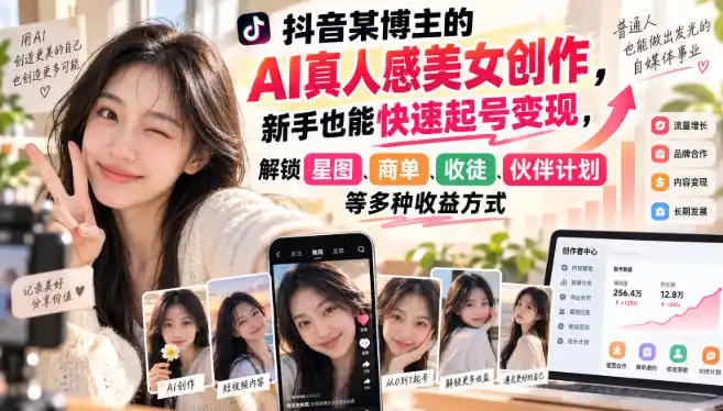 抖音某博主的AI真人感美女创作,新手也能快速起号变现,解锁星图,商单,收徒,伙伴计划等多种收益方式-小行网创