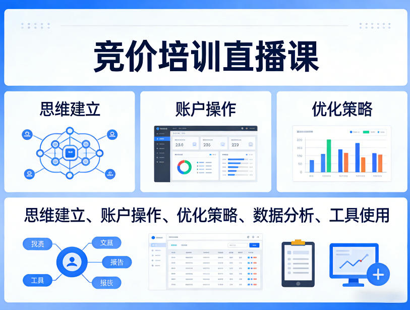 竞价培训直播课，覆盖思维建立、账户操作、优化策略、数据分析、工具使用等，全方位提升效果-小行网创