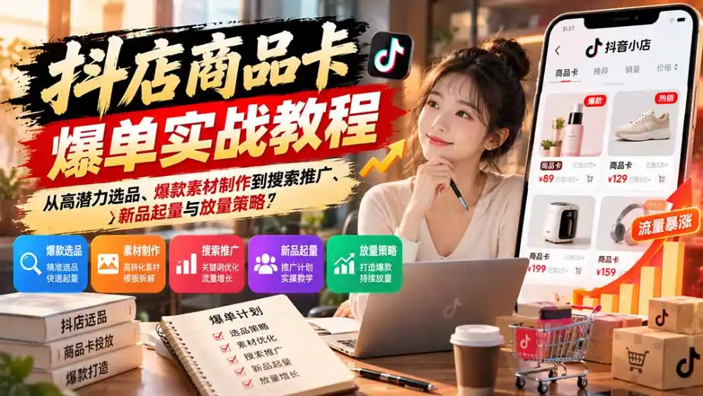 抖店商品卡爆单实战教程：从高潜力选品、爆款素材制作到搜索推广、新品起量与放量策略-小行网创