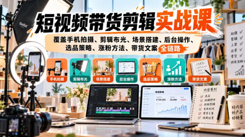 短视频带货剪辑实战课,覆盖手机拍摄、剪辑布光、场景搭建、后台操作、选品策略、涨粉方法、带货文案全链路-小行网创