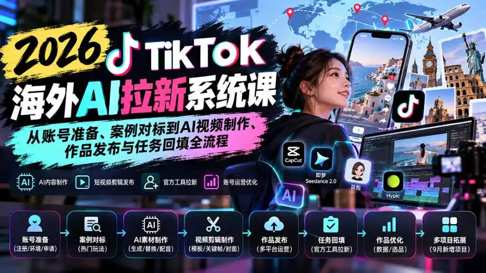 【无水印】2026 TikTok海外AI拉新系统课：从账号准备、案例对标到AI视频制作、作品发布与任务回填全流程-小行网创