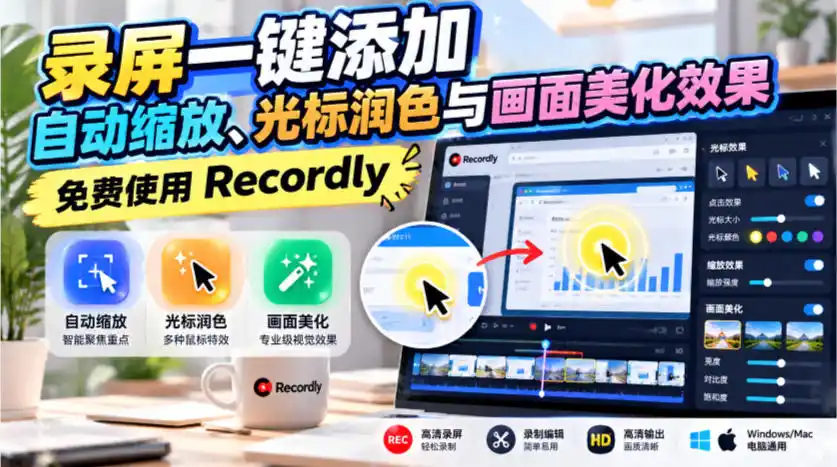 录屏一键添加自动缩放、光标润色与画面美化效果，免费使用Recordly-小行网创