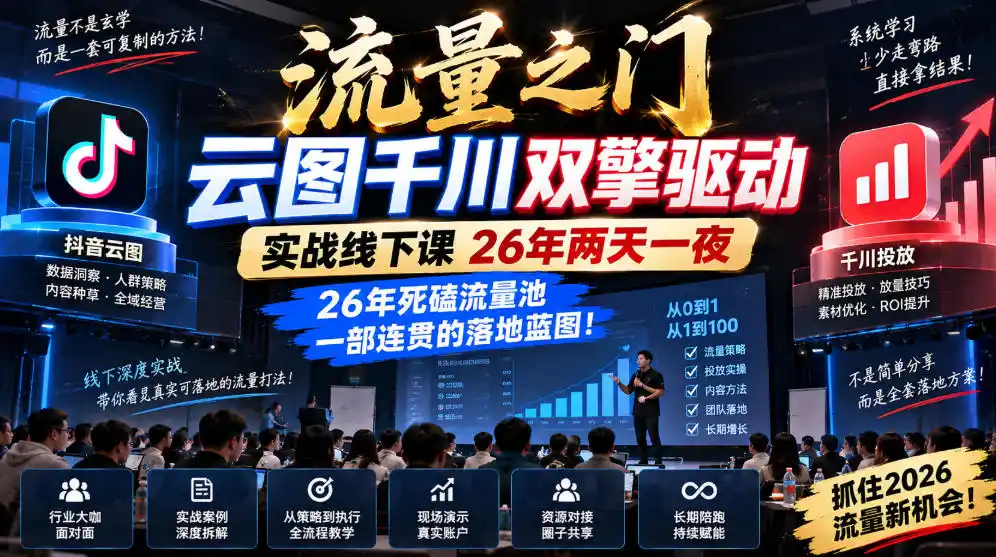 流量之门-云图千川双擎驱动实战线下课26年两天一夜，26年死磕流量池一部连贯的落地蓝图!-小行网创
