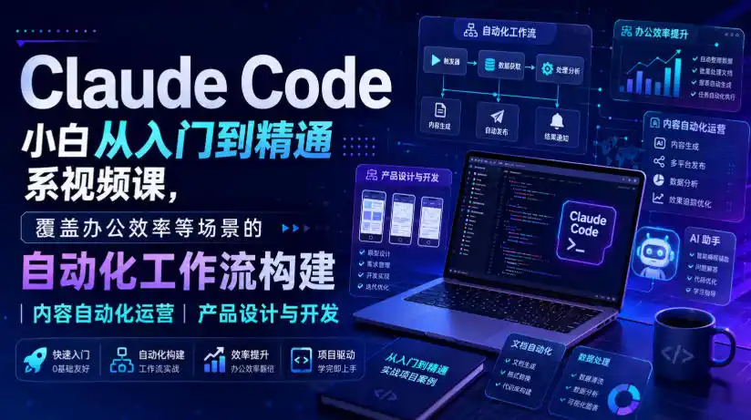 Claude Code小白从入门到精通系视频课,覆盖办公效率等场景的自动化工作流构建|内容自动化运营|产品设计与开发-小行网创