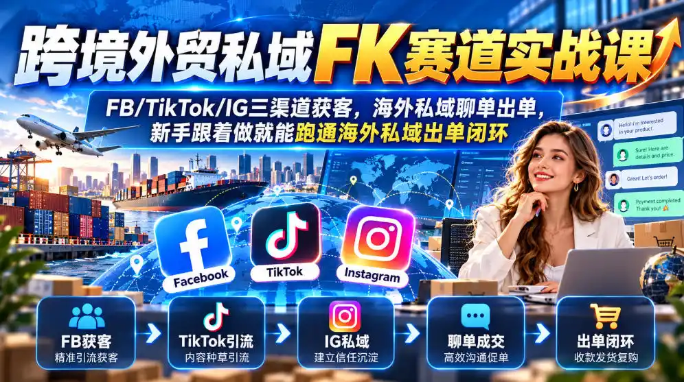 跨境外贸私域FK赛道实战课｜FB/TikTok/IG三渠道获客，海外私域聊单出单，新手跟着做就能跑通海外私域出单闭环-小行网创