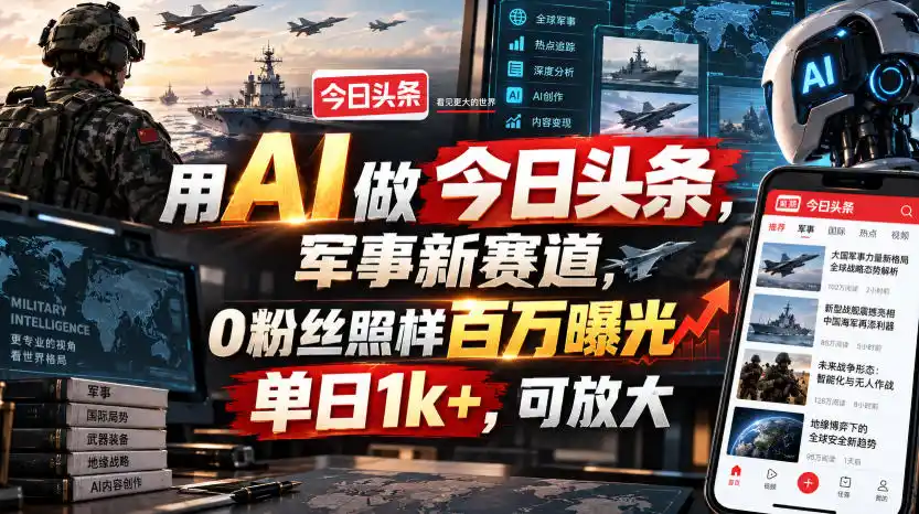 用AI做今日头条，军事新赛道，0粉丝照样百万曝光，单日1k+，可放大-小行网创