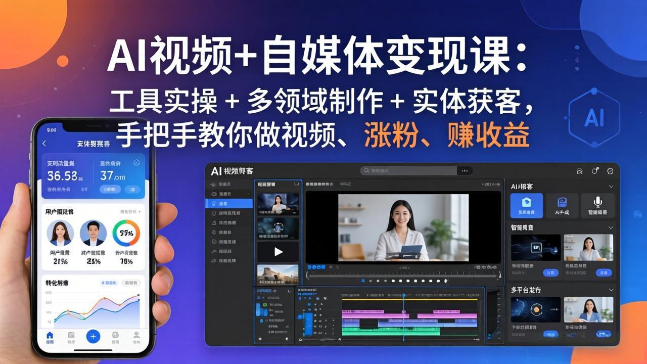 AI视频+自媒体变现课：工具实操 + 多领域制作 + 实体获客，手把手教你做视频、涨粉、赚收益-小行网创