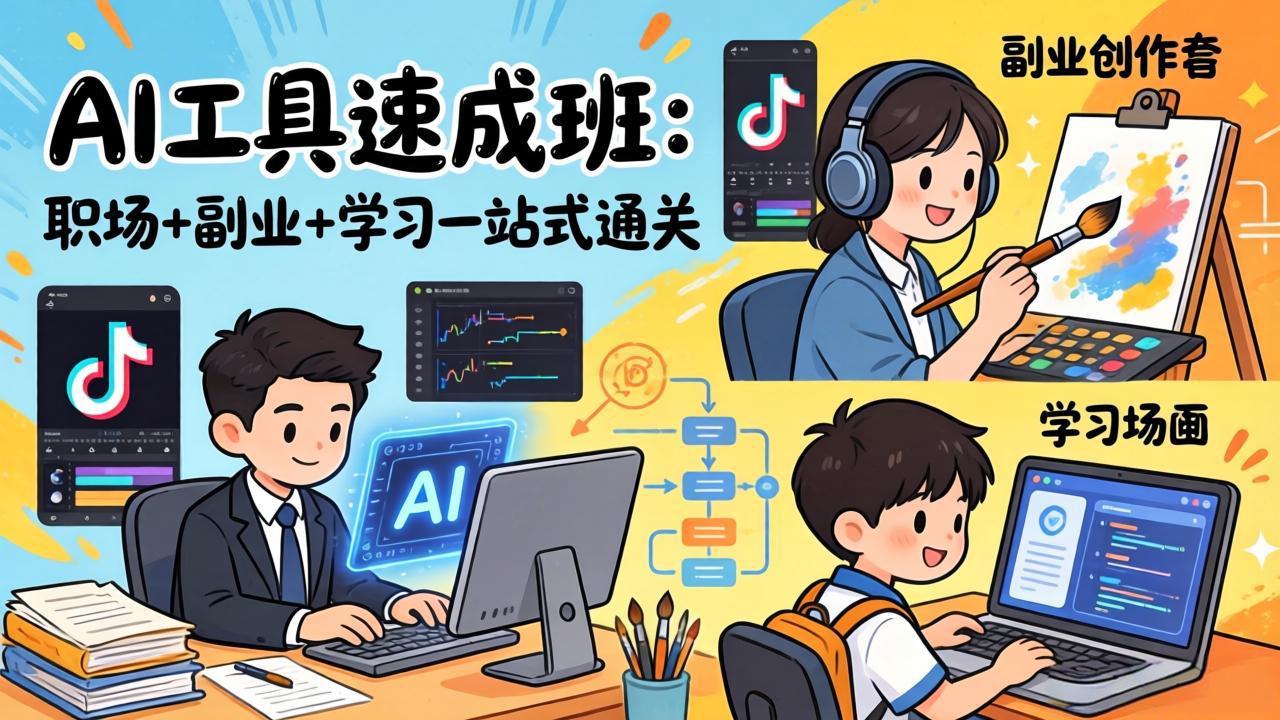 AI工具速成班：职场+副业+学习一站式通关，20+爆款类型+剪映技巧+抖音算法，0基础快速上手-小行网创