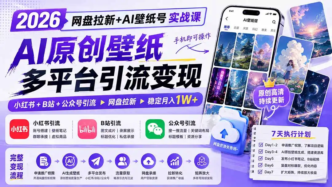 2026网盘拉新+AI壁纸号实战课：AI原创壁纸+小红书+B站+公众号引流，手机即可操作，月入1W+-小行网创