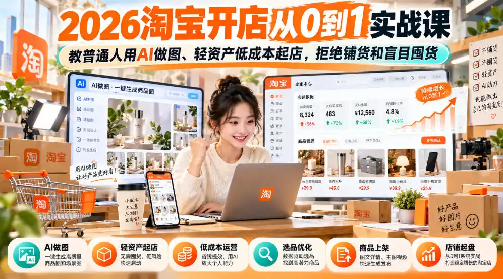 2026淘宝开店从0到1实战课，教普通人用AI做图、轻资产低成本起店，拒绝铺货和盲目囤货-小行网创