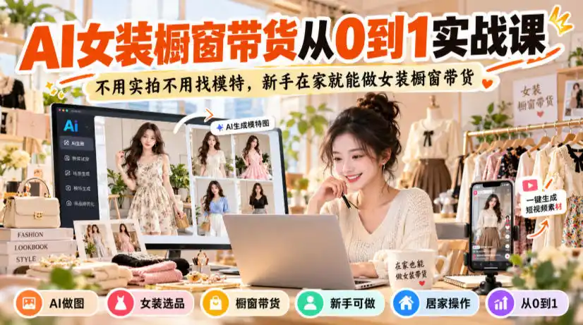 AI女装橱窗带货从0到1实战课，不用实拍不用找模特，新手在家就能做女装橱窗带货-小行网创