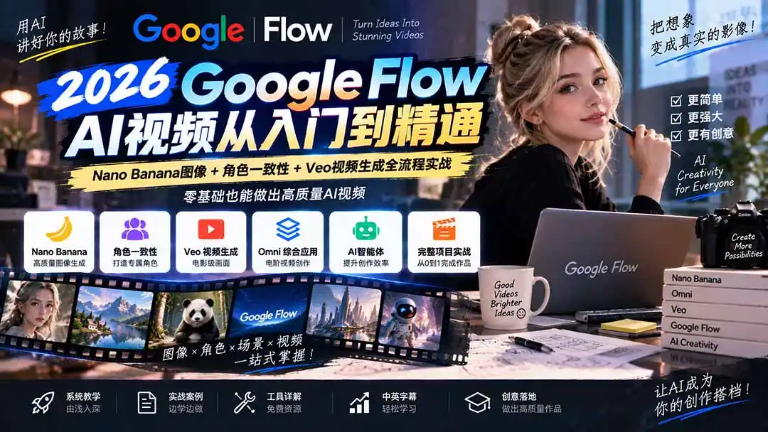 【无水印】Google Flow AI视频从入门到精通：Nano Banana图像+角色一致性+Veo视频生成全流程实战-精翻中英字幕-小行网创