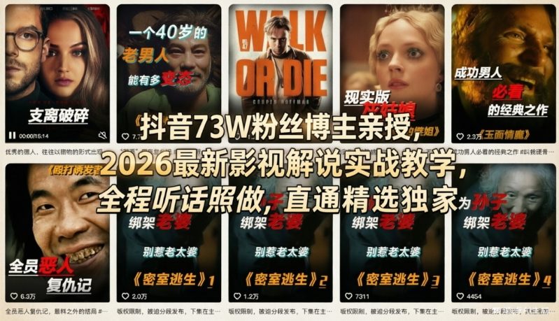 抖音73W粉丝博主亲授，2026最新影视解说实战教学，全程听话照做，直通精选独家-小行网创