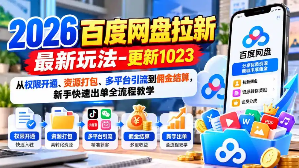 2026百度网盘拉新最新玩法-更新1023：从权限开通、资源打包、多平台引流到佣金结算，新手快速出单全流程教学-小行网创