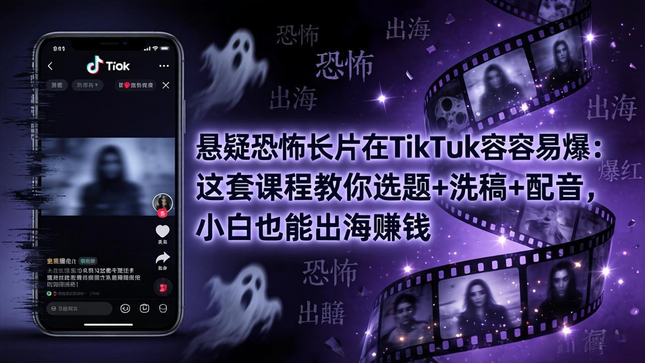 悬疑恐怖长片在TikTok最容易爆：这套课程教你选题+洗稿+配音，小白也能出海赚钱-小行网创