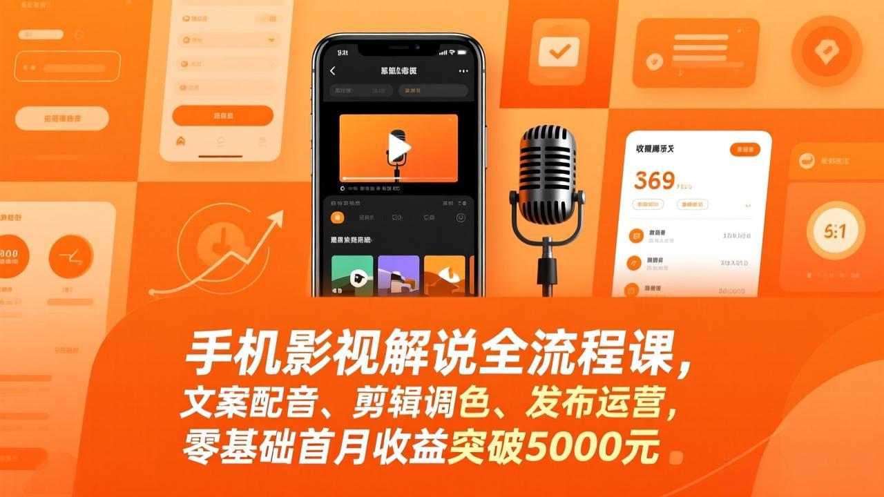 手机影视解说全流程课，文案配音、剪辑调色、发布运营，零基础首月收益突破5000元-小行网创