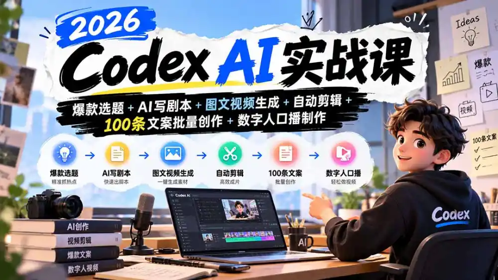 2026Codex AI实战课：爆款选题+AI写剧本+图文视频生成+自动剪辑+100条文案批量创作+数字人口播制作-小行网创