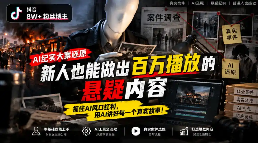 抖音8W粉丝博主的AI纪实大案还原教学,新人也能做出百W播放的悬疑内容,抓住AI风口红利,用AI讲好每一个真实故事-小行网创