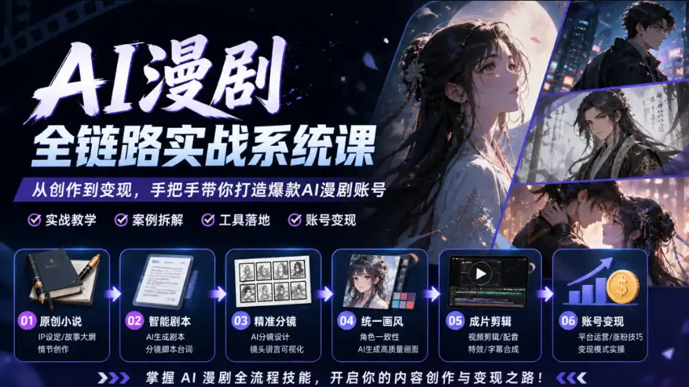 AI漫剧全链路实战系统课｜原创小说、智能剧本、精准分镜、统一画风、成片剪辑、账号变现实操教学(更新1018)-小行网创