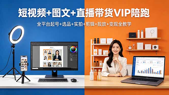 短视频+图文+直播带货VIP陪跑，全平台起号+选品+实拍+剪辑+投放+变现全教学-小行网创