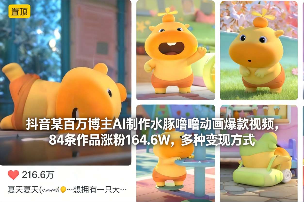 抖音某百万博主AI制作水豚噜噜动画爆款视频，84条作品涨粉164.6W，多种变现方式-小行网创
