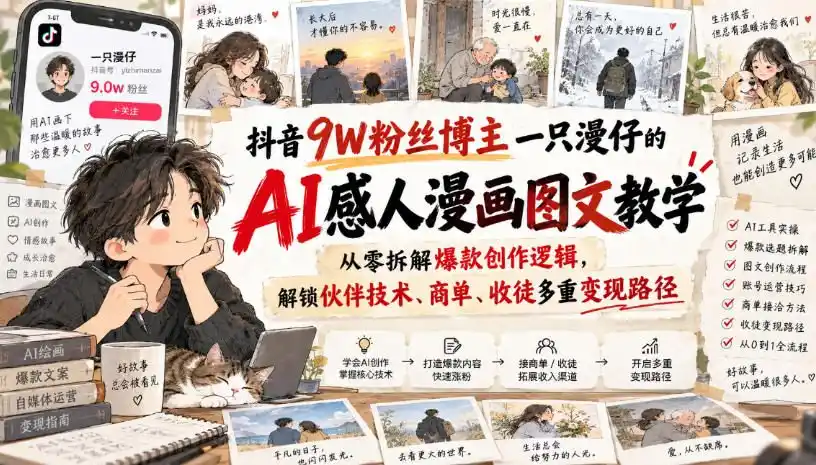 抖音9W粉丝博主一只漫仔的AI感人漫画图文教学，从零拆解爆款创作逻辑，解锁伙伴技术、商单、收徒多重变现路径-小行网创